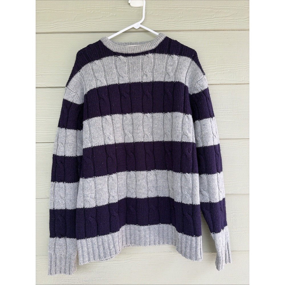Vintage John Ashford 100% Shetland Wool Blue/Gray Cable Knit Sweater Mens Large